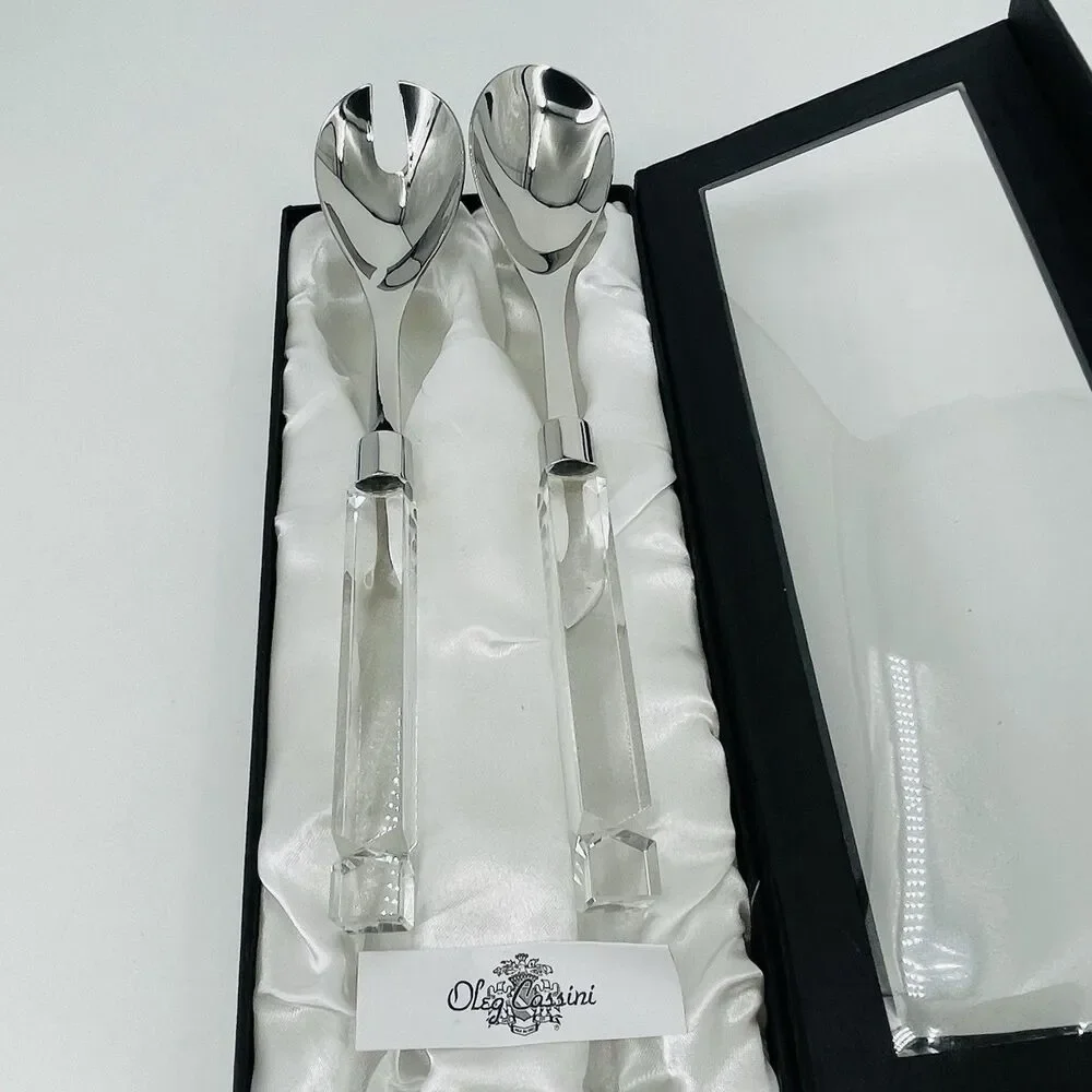 Oleg Cassini Stainless Salad Server Set Crystal Square Handles Satin Lined Box